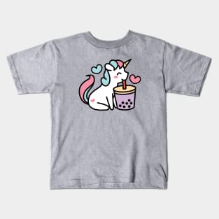 Cute Unicorn Sipping Bubble Tea - Kawaii Taro Boba Tea Kids T-Shirt